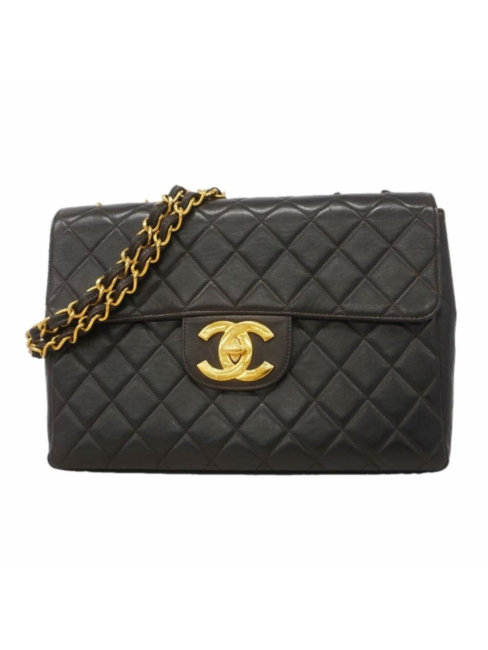 Chanel Shoulder Bag Maxi Quilted Lambskin Black Gold